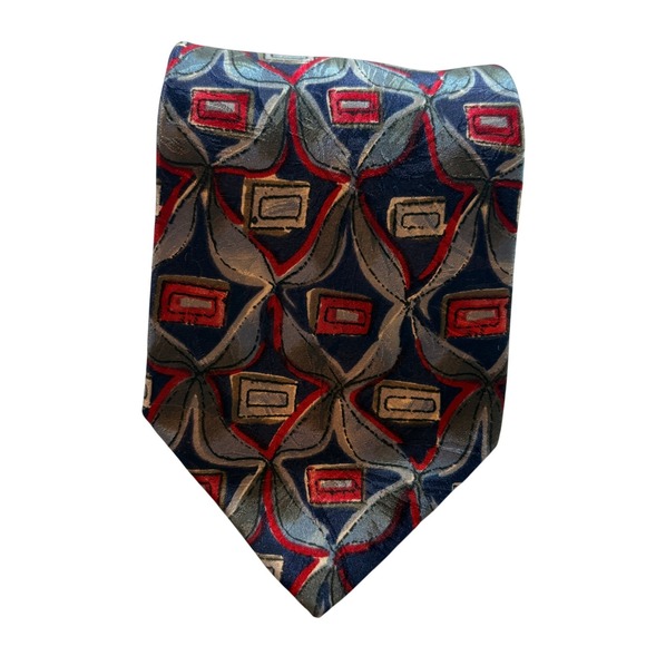 Oleg Cassini Other - Oleg Cassini Silk Necktie Mens Navy Red Silver Geometric Abstract Made in Italy